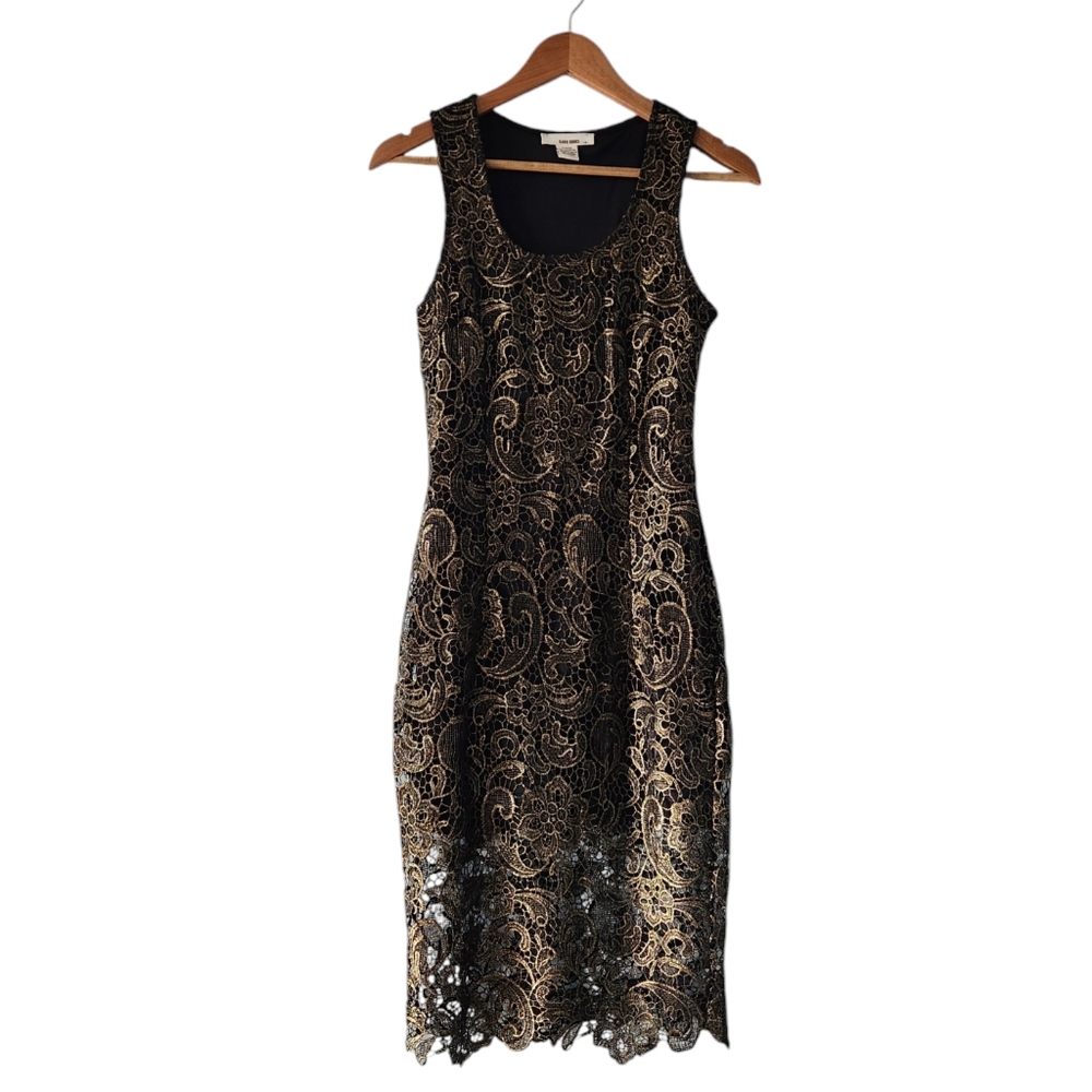 Sans Souci Gold Lace Overlay Sheath Dress Small Sheer Whimsigoth Witchy